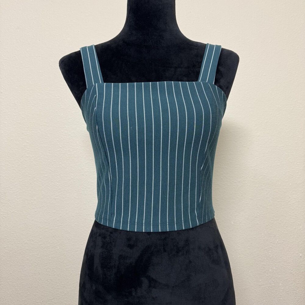 RIS Tank Top Womens Medium Green Stripe Square Neck Zip Back Stretch Crop Cami